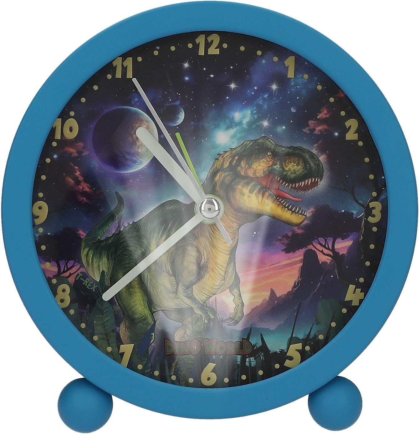 Depesche 13313 Dino World Galaxy Alarm Blue for Children with Dinosaur Motif, Silent Clock with Light Function, Battery Included