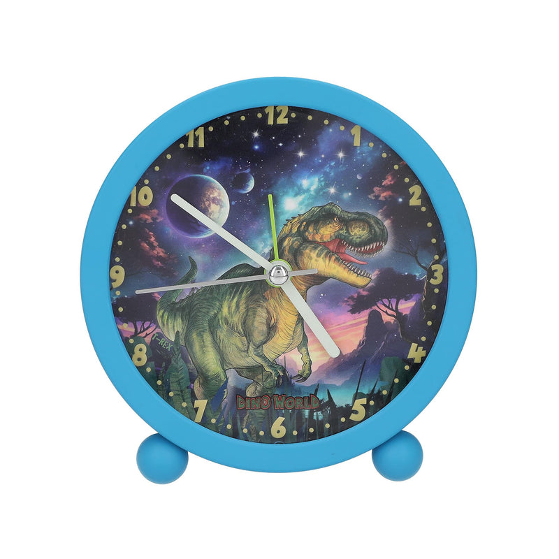 Depesche 13313 Dino World Galaxy Alarm Blue for Children with Dinosaur Motif, Silent Clock with Light Function, Battery Included