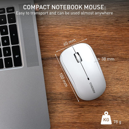 CHERRY MW 2200, Wireless Laptop Mouse, 2.4 GHz RF, Ambidextrous, 1300 dpi, Chrome-Plated Scroll Wheel, incl. Transport Bag, Battery-Operated, White
