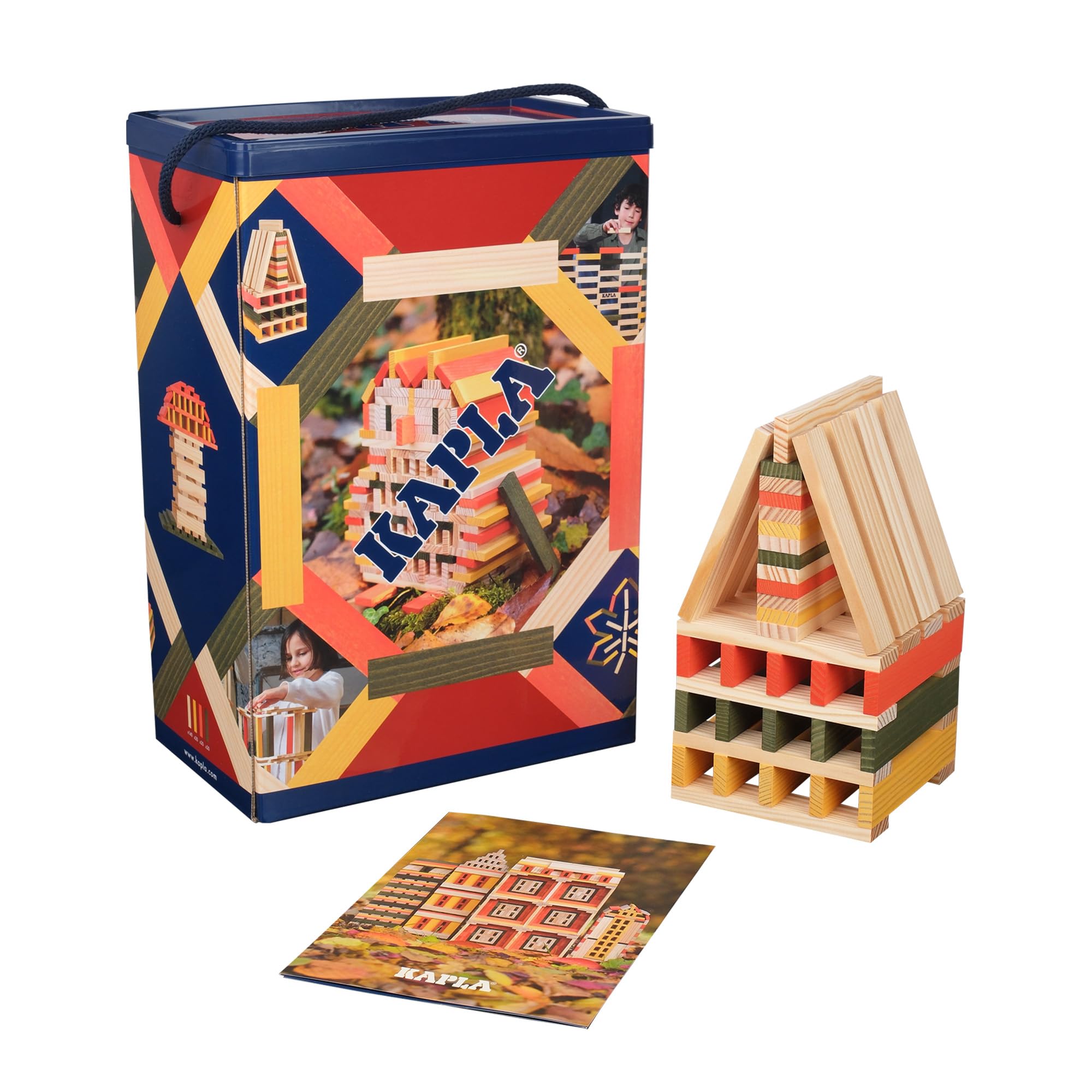 Die 200er BOX HERBST von KAPLA®: 200 Plättchen aus naturbelassenem Pinienholz, davon 140 x naturfarben und 20x grün, 20x orange und 20x gelb