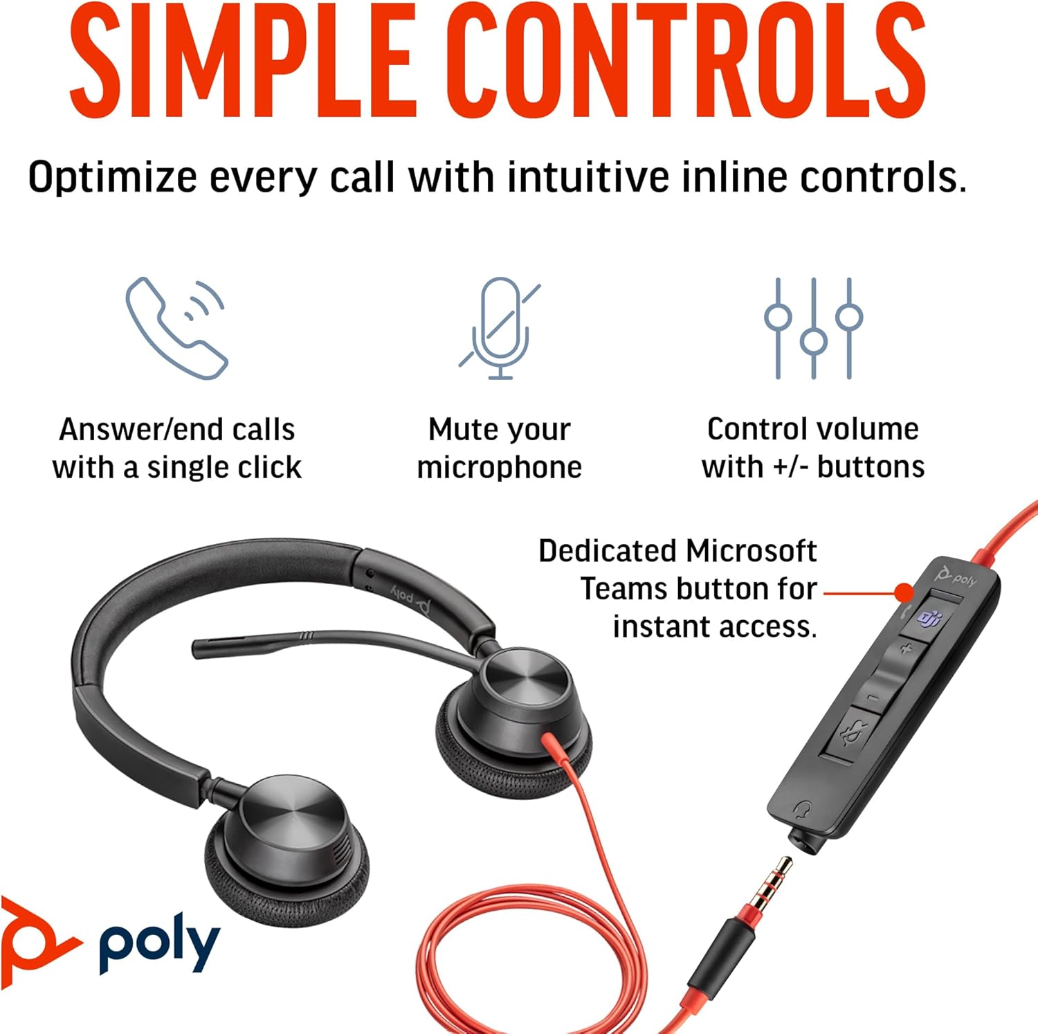 Poly Blackwire 3325 Wired Headset – Flexible Microphone Boom – Hi-fi Stereo - PC/Mac/Mobile - Certified for Microsoft Teams