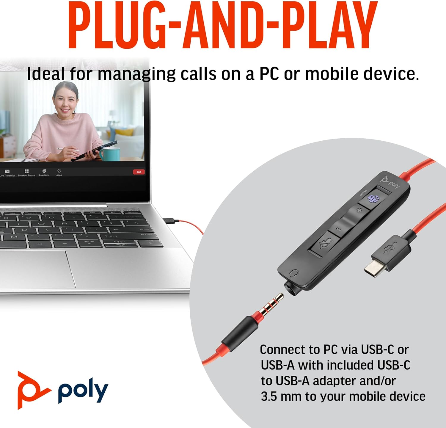 Poly Blackwire 3325 Wired Headset – Flexible Microphone Boom – Hi-fi Stereo - PC/Mac/Mobile - Certified for Microsoft Teams