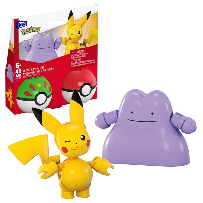 MEGA Pokémon Conjunto de construcción con figura de acción, pack de dos Poké Ball, Pikachu y Ditto, 42piezas, para niños y niñas, JCT43