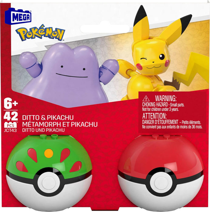 MEGA Pokémon Conjunto de construcción con figura de acción, pack de dos Poké Ball, Pikachu y Ditto, 42piezas, para niños y niñas, JCT43
