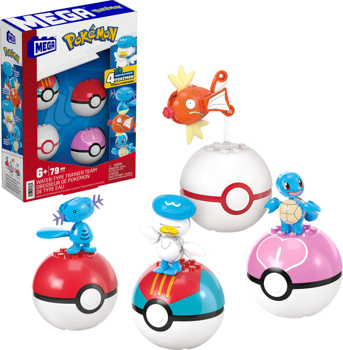 MEGA Pokémon Equipo de entrenador de tipo agua Conjunto de construcción con figura de acción de 5cm, 79 piezas, para niños y niñas, JCT42
