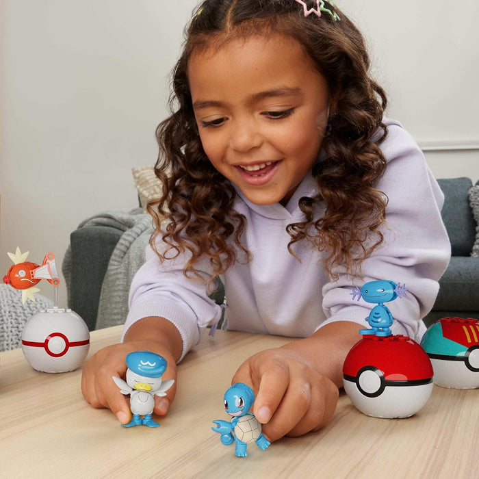 MEGA Pokémon Equipo de entrenador de tipo agua Conjunto de construcción con figura de acción de 5cm, 79 piezas, para niños y niñas, JCT42