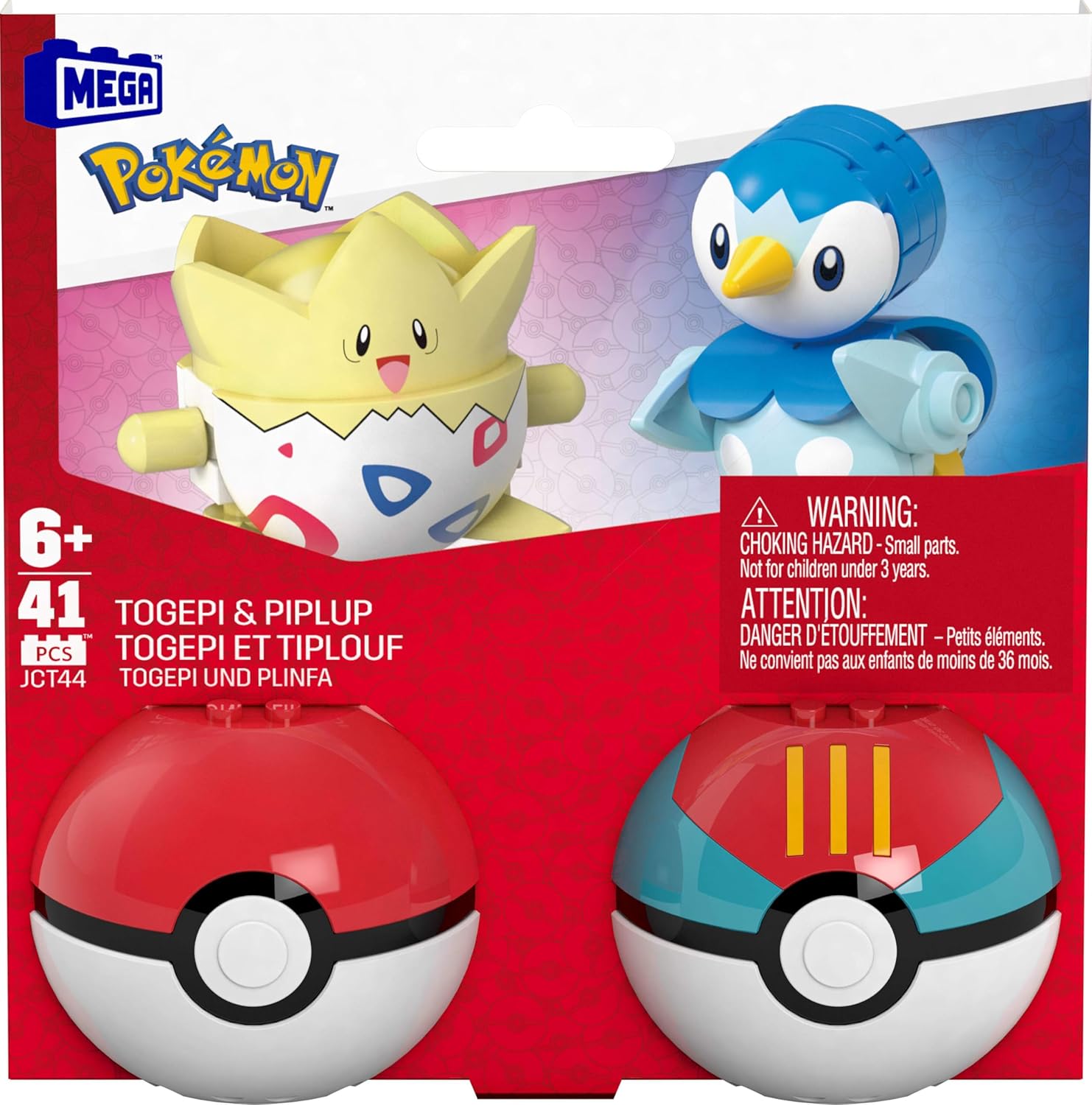MEGA Pokémon Bouwset voor actiefiguren, Pokéballenset van 2, Togepi en Piplup, 41 onderdelen, speelgoed voor kinderen, JCT44