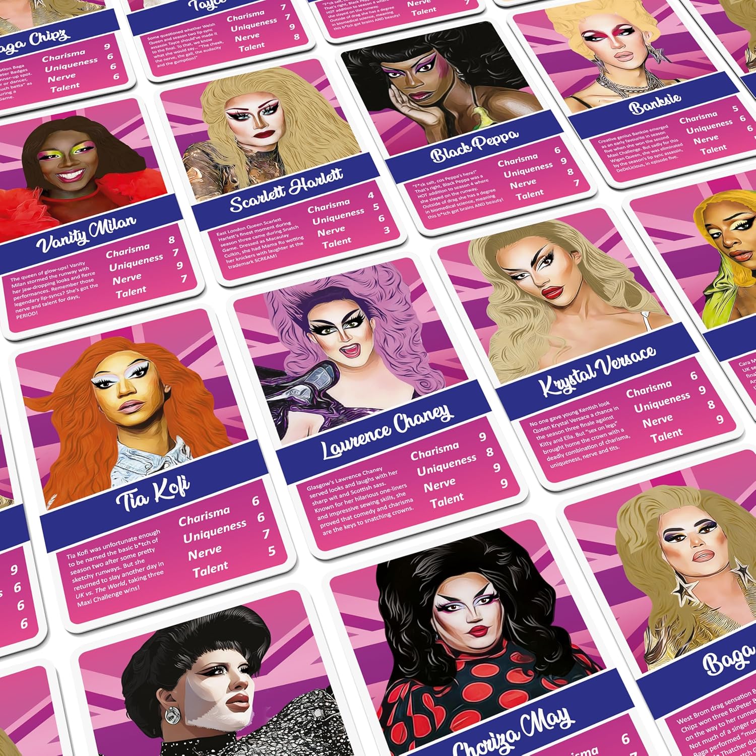 Bubblegum Stuff Top Drags UK - Juego de cartas no oficial de Drag Race UK - Sashay Your Way to Victory - Canal Carisma, singularidad, nervio y talento - Diversión de cultura pop para todas las edades
