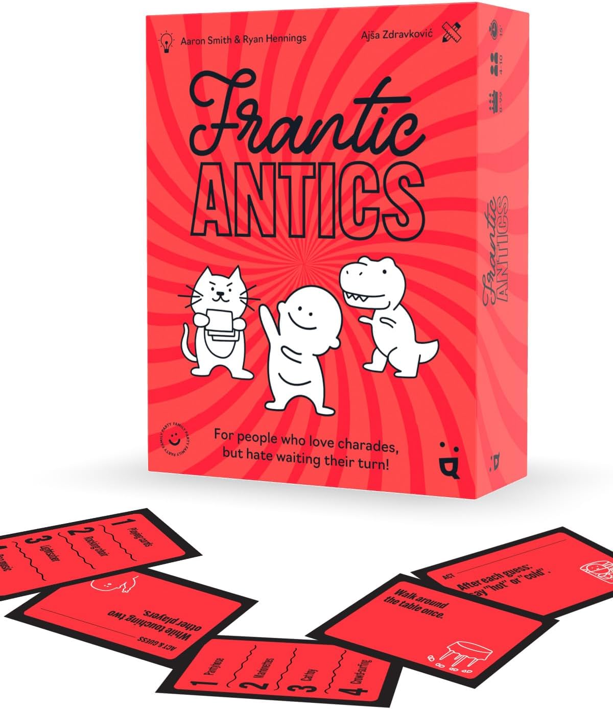 Helvetiq Frantic Antics - Juego de fiesta de ritmo rápido, juego de charadas con pensamiento y actuación rápidos, divertido juego familiar para niños y adultos, a partir de 8 años, 4-10 jugadores