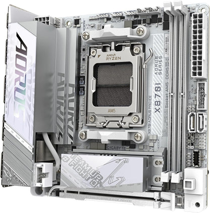 GIGABYTE X870I AORUS PRO ICE Motherboard - Supports AMD Ryzen 9000 Series CPUs, 8+2+1 phases VRM, up to 8400MHz DDR5 (OC), 1xPCIe 5.0 M.2 + 1xPCIe 4.0 M.2, WI-FI 7, 2,5GbE LAN, USB 4
