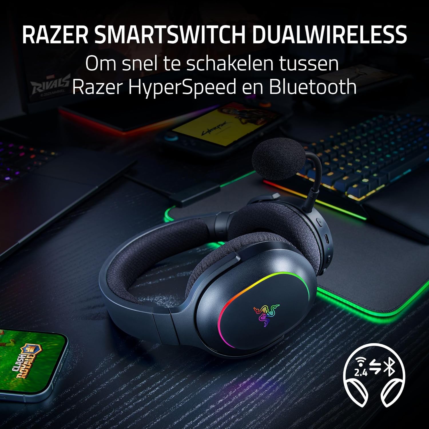 Razer Barracuda X Chroma - Wireless Multi-Platform Gaming Headset with 6 Zone Chroma RGB (SmartSwitch Hyperspeed & Bluetooth, 40mm Drivers, Detachable HyperClear Cardioid Mic) Black