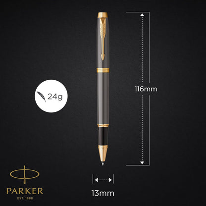 Parker IM Penna Roller | Laccatura Grigia con Pennino Dorato | Punta Fine in Acciaio Inossidabile | Ricarica di Inchiostro Nero | Confezione Regalo | Regali di Laurea Perfetti
