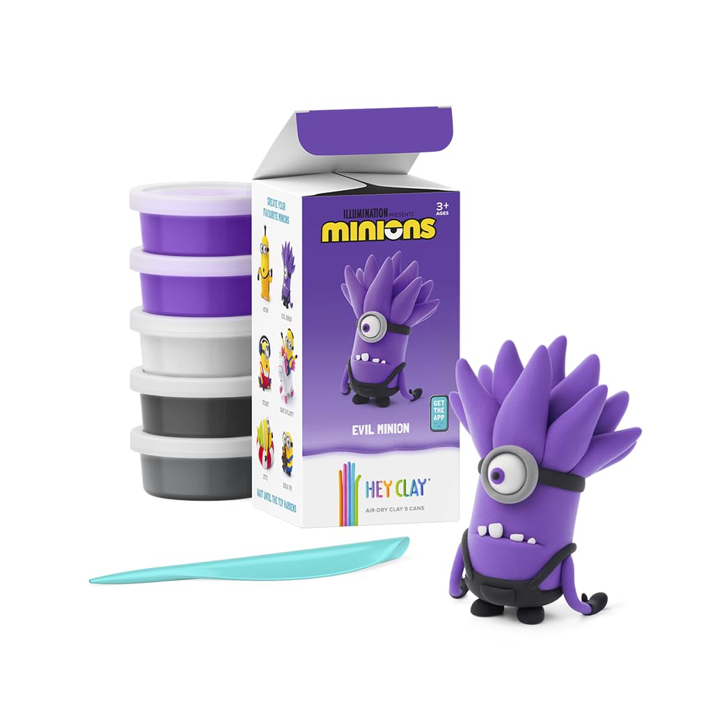 HEY CLAY & Illumination Presents Minions – Böser Minion – bunte Modelliermasse, lufttrocknender Ton für Kinder, lufttrocknender Ton, 5 Dosen und Modellierwerkzeuge mit lustiger, interaktiver Anleitung