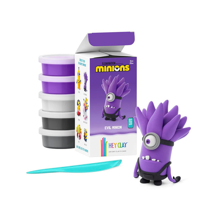 HEY CLAY & Illumination Presents Minions – Böser Minion – bunte Modelliermasse, lufttrocknender Ton für Kinder, lufttrocknender Ton, 5 Dosen und Modellierwerkzeuge mit lustiger, interaktiver Anleitung
