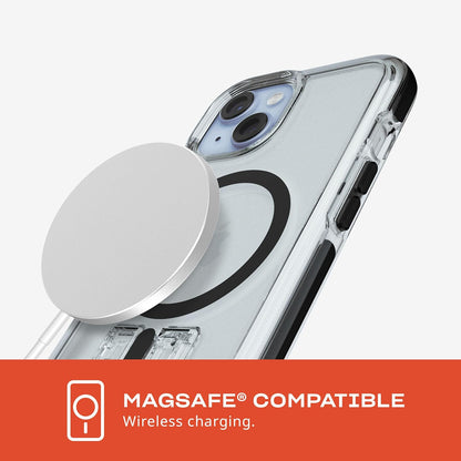 Tech21 Evo Crystal Kick hoesje voor iPhone 15, Geschikt voor MagSafe, Standaard telefoonhoesje, TPU en Biologisch afbreekbaar materiaal, Clear/Black, 15x Militaire standaard valbescherming: 4.9m