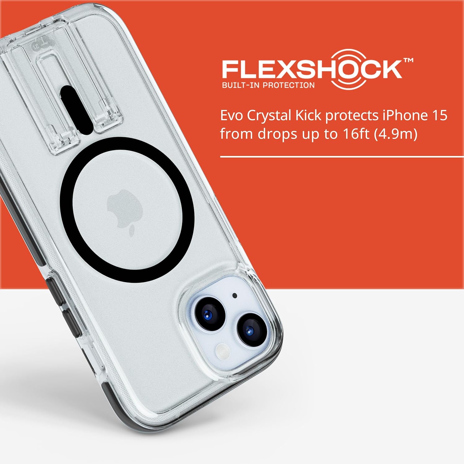 Tech21 Evo Crystal Kick hoesje voor iPhone 15, Geschikt voor MagSafe, Standaard telefoonhoesje, TPU en Biologisch afbreekbaar materiaal, Clear/Black, 15x Militaire standaard valbescherming: 4.9m