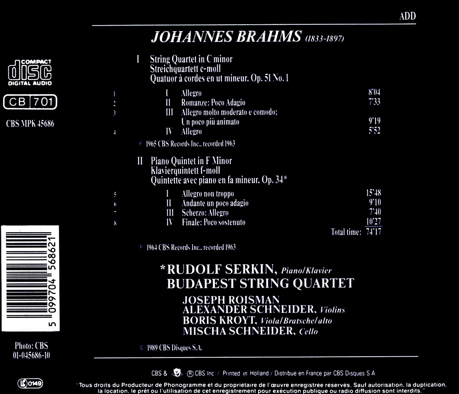 String Quartet In C Minor Op. 51 No. 1 / Piano Quintet In F Minor Op. 34
