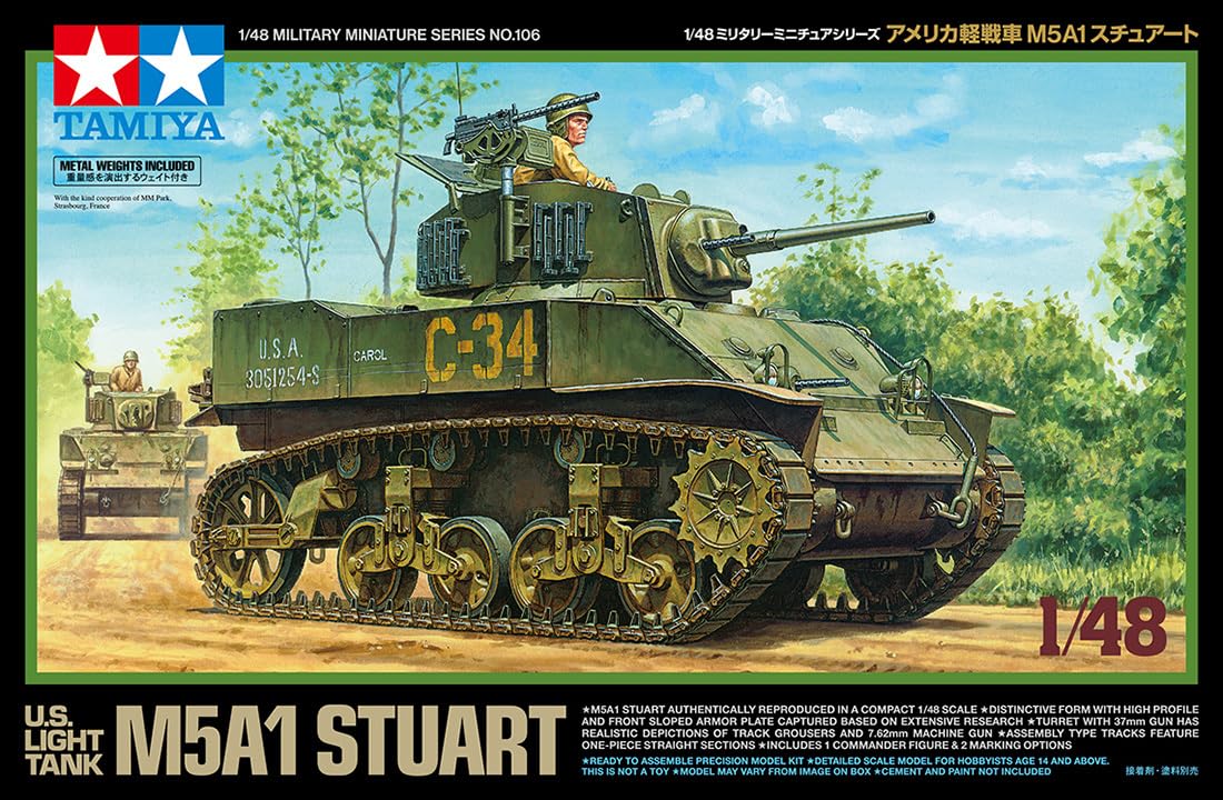 TAMIYA 32606 1:48 US M5A1 Stuart Light Tank (1) - Model Kit, Plastic Kit, Assembly Kit, Detailed Replica, Medium, Green