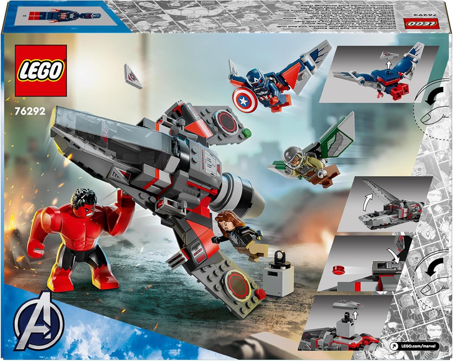 LEGO Marvel Captain America vs. Red Hulk Battle Set, Plane Building Toy with 4 Super Hero Minifigures Including Red Hulk and Falcon, Avengers Gifts for 7 Plus Year Old Boys & Girls 76292