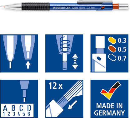 STAEDTLER 775 SC WP3 Mars Micro Mechanical Pencils - 0.3 mm, 0.5 mm, 0.7 mm (Pack of 3)