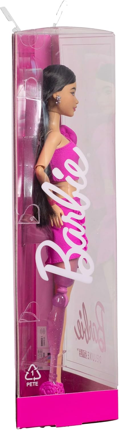 Barbie Deluxe Style Doll #2 in Barbiecore Outfit, Black Hair and Glittery Prosthetic Leg, Pink Top and Skirt Set with Rosette Detail and Accessories