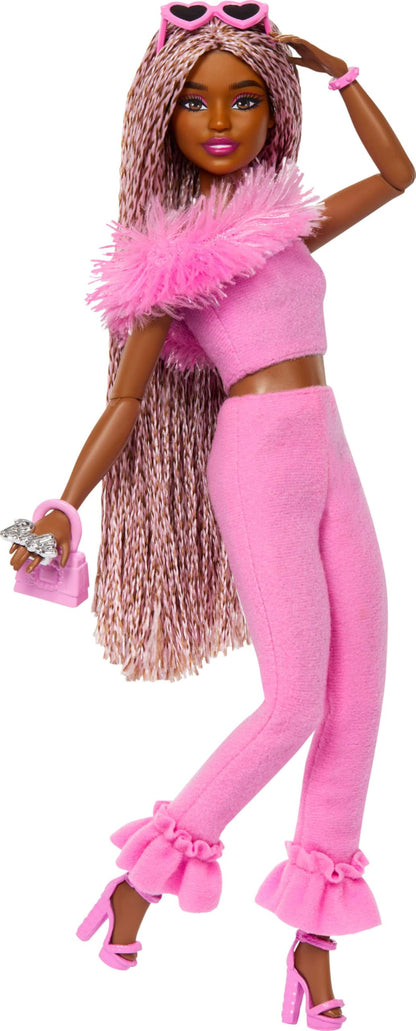 Barbie Deluxe Style Doll #4 in Barbiecore Outfit, Pink and Brown Braids, Soft Pink Top and Pant Set with Furry Collar and Fun Accessories