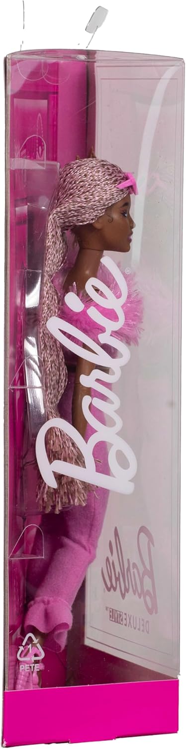 Barbie Deluxe Style Doll #4 in Barbiecore Outfit, Pink and Brown Braids, Soft Pink Top and Pant Set with Furry Collar and Fun Accessories