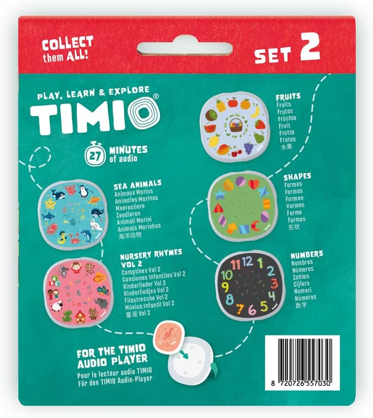 TIMIO Disk Set # 2: 5 Audio-Discs voor de TIMIO Player | Leer Getallen, 96 Kinderliedjes Vol. 2, Zeedieren, Vormen, Fruit | Alles in 8 Talen | Leerspeelgoed van 2 - 6 Jaar