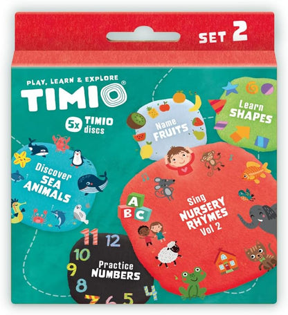 TIMIO Disk Set # 2: 5 Audio-Discs voor de TIMIO Player | Leer Getallen, 96 Kinderliedjes Vol. 2, Zeedieren, Vormen, Fruit | Alles in 8 Talen | Leerspeelgoed van 2 - 6 Jaar