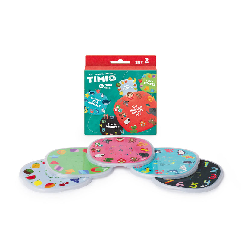 TIMIO Disk Set # 2: 5 Audio-Discs voor de TIMIO Player | Leer Getallen, 96 Kinderliedjes Vol. 2, Zeedieren, Vormen, Fruit | Alles in 8 Talen | Leerspeelgoed van 2 - 6 Jaar