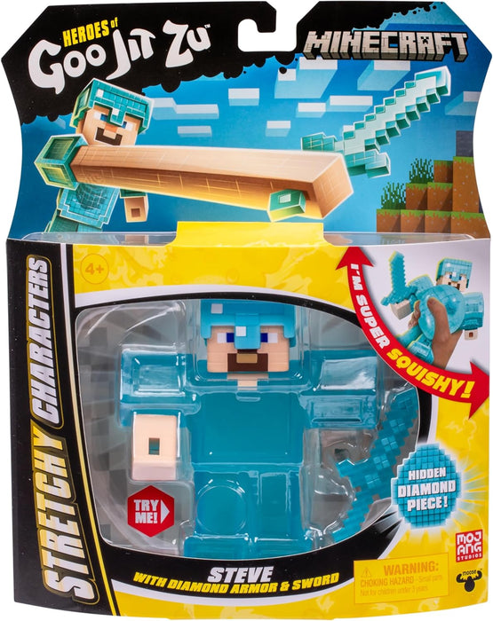 Heroes of Goo Jit Zu Minecraft Stretchy Characters, Steve With Diamond Armor & Sword, Super Squishy Goo Filling With Hidden Diamond Piece Inside