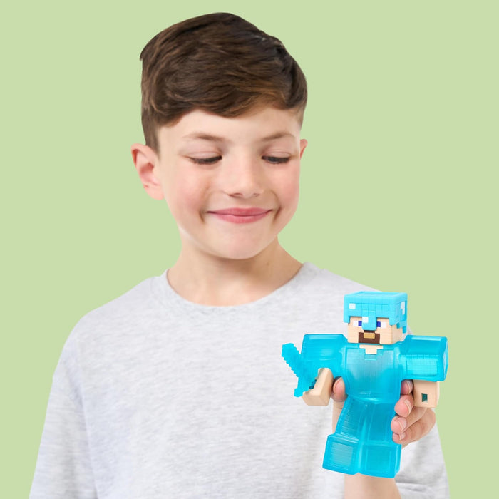 Heroes of Goo Jit Zu Minecraft Stretchy Characters, Steve With Diamond Armor & Sword, Super Squishy Goo Filling With Hidden Diamond Piece Inside