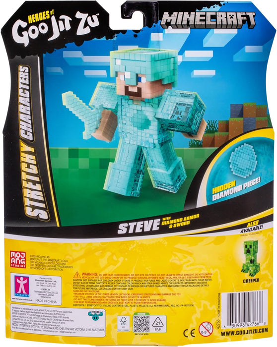 Heroes of Goo Jit Zu Minecraft Stretchy Characters, Steve With Diamond Armor & Sword, Super Squishy Goo Filling With Hidden Diamond Piece Inside