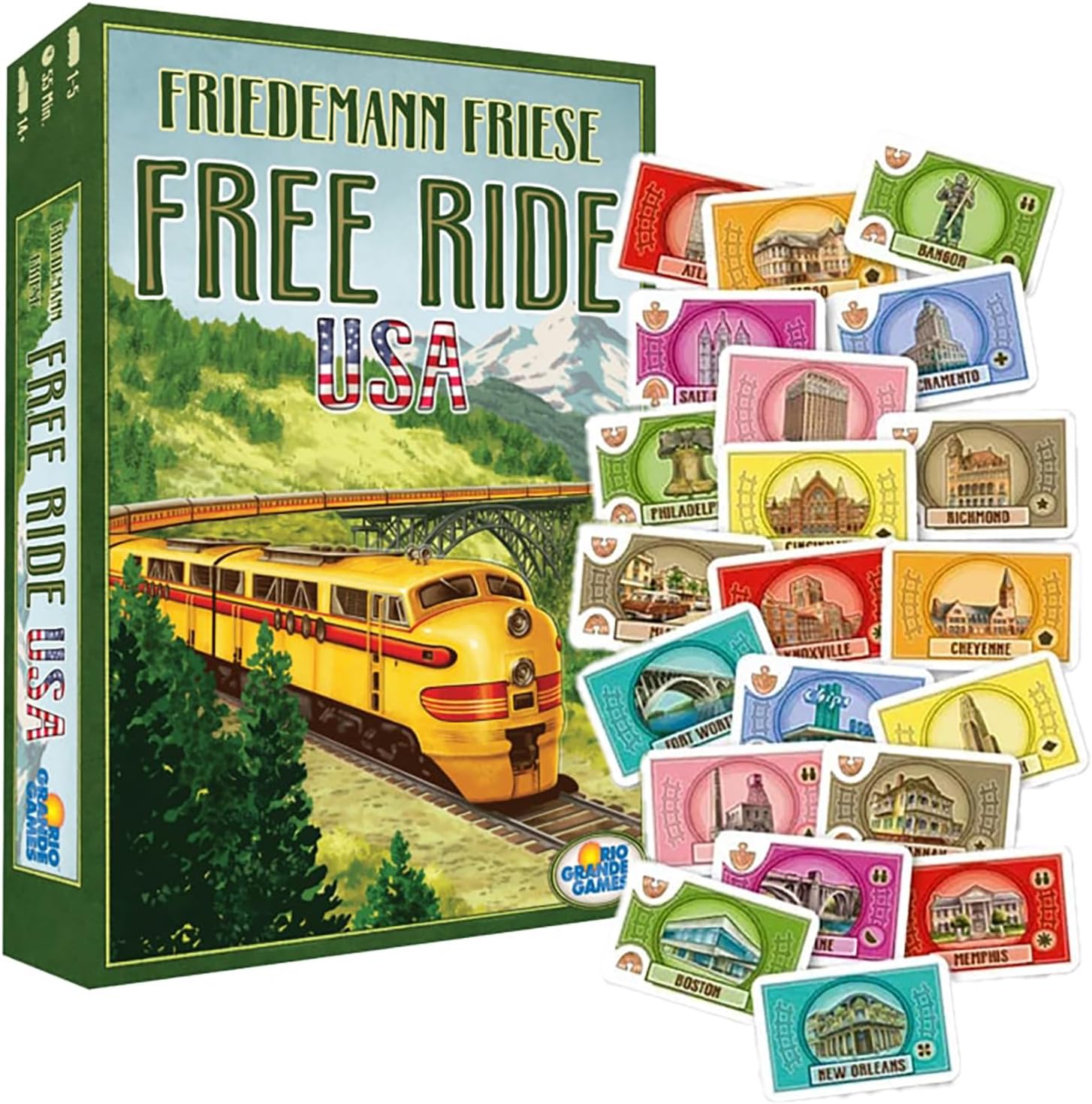 Rio Grande Games: Free Ride USA - Railroad Development Strategy Board Game, 1950s America Themed Train Game, Connect Cities, Ages 14+, 1-5 Players