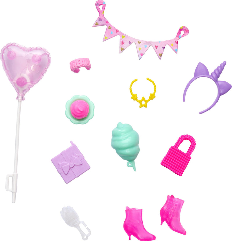 Barbie Accessories, Storytelling Set Dolls with Unicorn Theme, Styling Pieces & Party Decorations Like Balloon & Cotton Candy