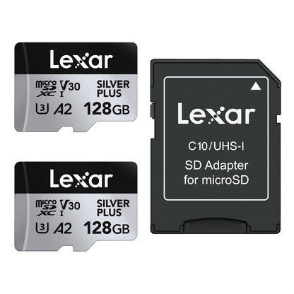 Lexar Tarjeta Micro SD 128 GB Silver Plus Paquete de 2, Tarjeta de Memoria Micro SD con Adaptador, Tarjeta Microsdxc TF hasta 205 MB/s, A2 U3, Clase 10, V30, Full HD y 4K UHD para Cámara, Videoconsola