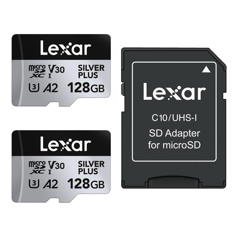 Lexar Tarjeta Micro SD 128 GB Silver Plus Paquete de 2, Tarjeta de Memoria Micro SD con Adaptador, Tarjeta Microsdxc TF hasta 205 MB/s, A2 U3, Clase 10, V30, Full HD y 4K UHD para Cámara, Videoconsola