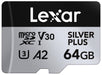 Lexar Silver Plus Micro SD-kaart, 64 GB, Microsdxc TF-kaart tot 205 MB/s lezen, 100 MB/s schrijven, Micro SD geheugenkaart + adapter, A2, U3, Klasse 10, V30, Full HD en 4K UHD Video