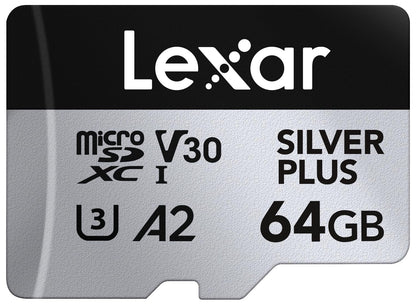 Lexar Silver Plus Micro SD-kaart, 64 GB, Microsdxc TF-kaart tot 205 MB/s lezen, 100 MB/s schrijven, Micro SD geheugenkaart + adapter, A2, U3, Klasse 10, V30, Full HD en 4K UHD Video