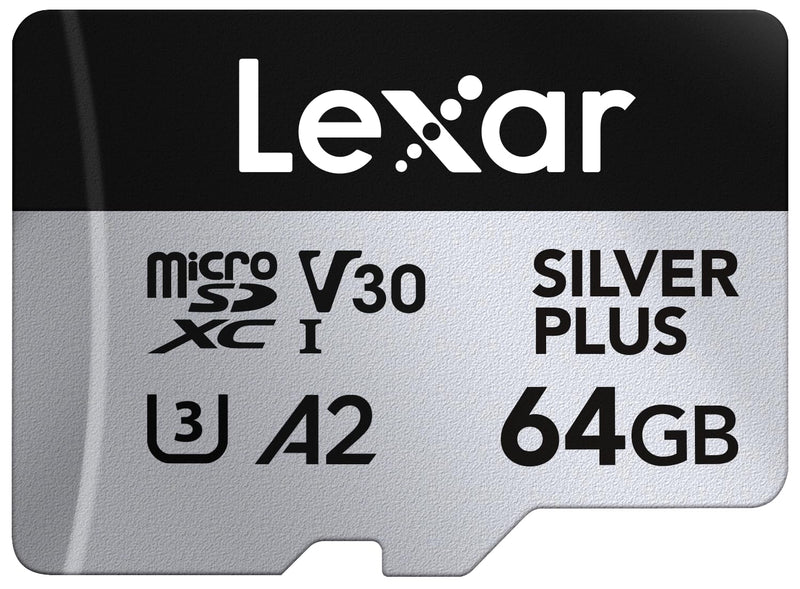 Lexar Silver Plus Micro SD-kaart, 64 GB, Microsdxc TF-kaart tot 205 MB/s lezen, 100 MB/s schrijven, Micro SD geheugenkaart + adapter, A2, U3, Klasse 10, V30, Full HD en 4K UHD Video