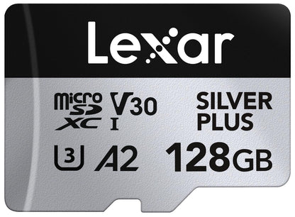 Lexar Tarjeta Micro SD 128 GB Silver Plus, Tarjeta de Memoria Micro SD con Adaptador, Tarjeta Microsdxc TF hasta 205 MB/s, A2, U3, Clase 10, V30, Full HD y 4K UHD para Cámara, Teléfono, Videoconsola