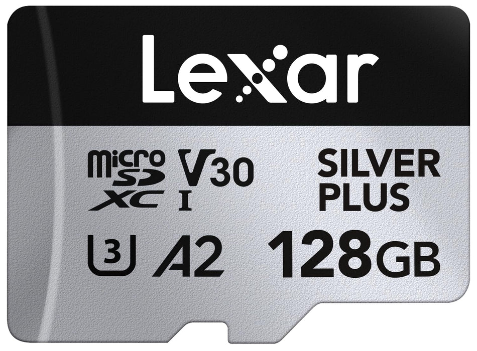 Lexar Tarjeta Micro SD 128 GB Silver Plus, Tarjeta de Memoria Micro SD con Adaptador, Tarjeta Microsdxc TF hasta 205 MB/s, A2, U3, Clase 10, V30, Full HD y 4K UHD para Cámara, Teléfono, Videoconsola