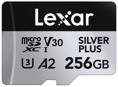 Lexar Silver Plus Micro SD-kaart, 256 GB, Microsdxc TF-kaart tot 205 MB/s lezen, 150 MB/s schrijven, Micro SD geheugenkaart + adapter, A2, U3, Klasse 10, V30, Full HD en 4K UHD Video