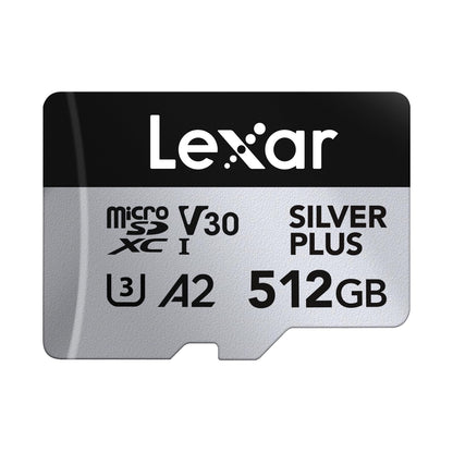 Lexar Silver Plus Micro SD Card 512 GB, Up to 205 MB/s Read Speed, 150 MB/s Write Speed, Memory Card Micro SD with SD Adapter, UHS-I, A2, U3, V30, Class 10, 4K UHD microSDXC