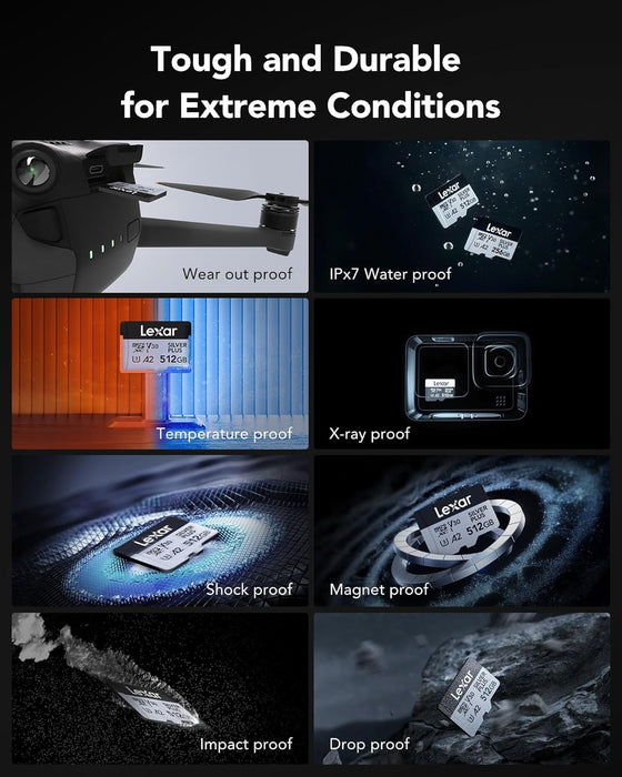 Lexar Silver Plus Micro SD Card 512 GB, Up to 205 MB/s Read Speed, 150 MB/s Write Speed, Memory Card Micro SD with SD Adapter, UHS-I, A2, U3, V30, Class 10, 4K UHD microSDXC