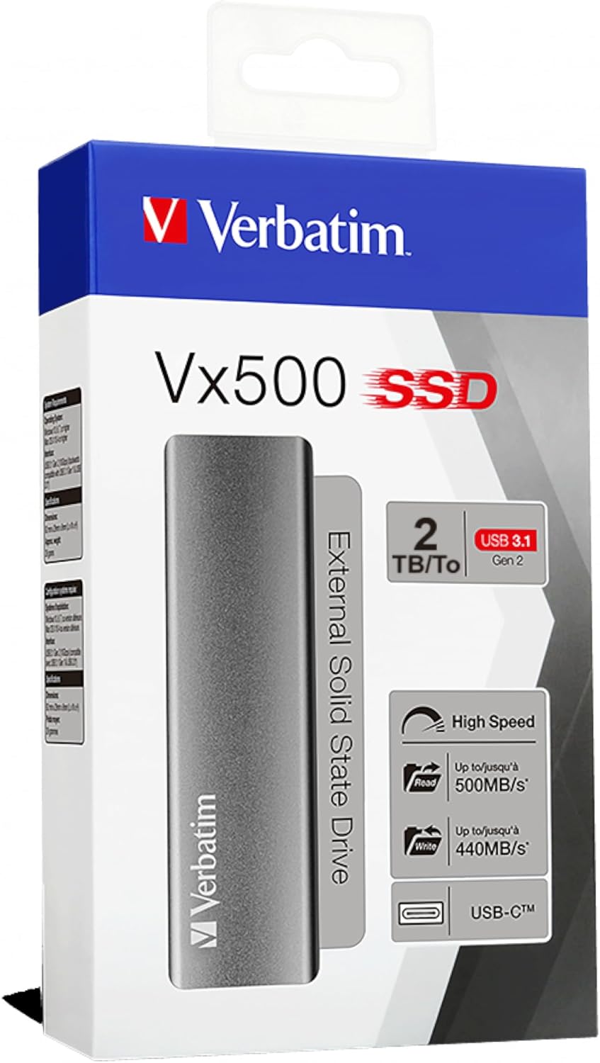 Verbatim Vx500 Externe SSD Harde Schijf 1TB Draagbare Solid State Drive USB 3.2 Gen 2 Externe Drive voor Mac, PC, Smartphone & Game Console, Space Grey