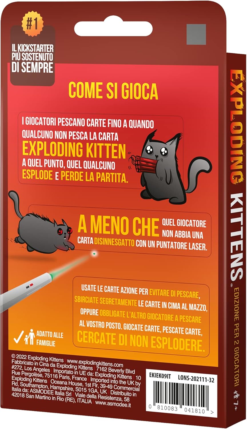 Asmodee Exploding Kittens, Edizione per 2 Giocatori, Gioco da Tavolo, 7+ Anni, Edizione in Italiano