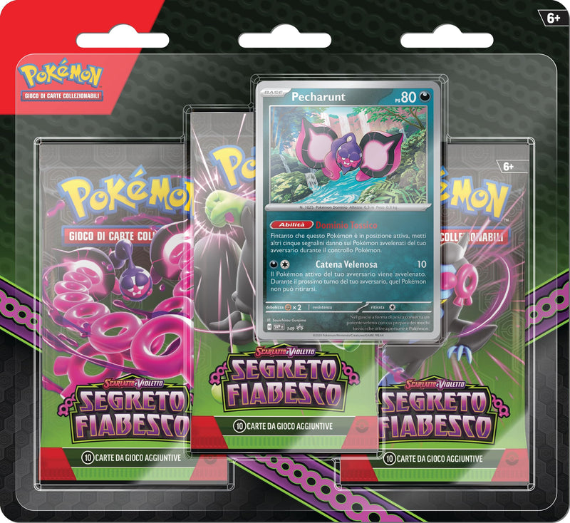 Pokémon Confezione da tre buste di espansione con Pecharunt dell’espansione Scarlatto e Violetto - Segreto Fiabesco del GCC (tre buste e una carta promozionale olografica), edizione in italiano