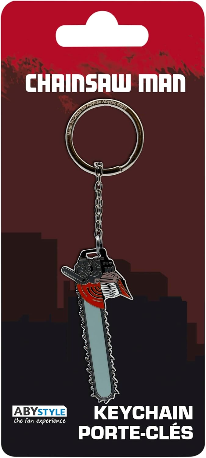 ABYSTYLE - Chainsaw Man Schlüsselanhänger Chainsaw Man Kopf, Grau Rot Schwarz Weiß, Dimensions : H. 6 cm x L. 2.5 cm