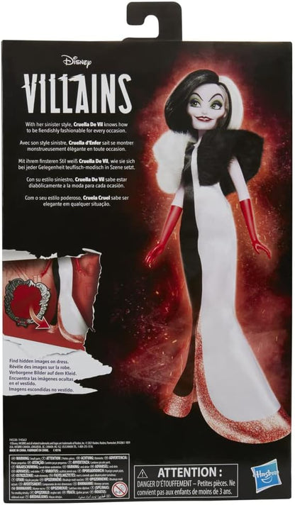 Hasbro Disney Princess Villains - Cruella De Mon, Fashion Puppe mit Zubehör und Abnehmbarer Kleidung, Spielzeug für Kinder ab 5 Jahren, Mehrfarbig